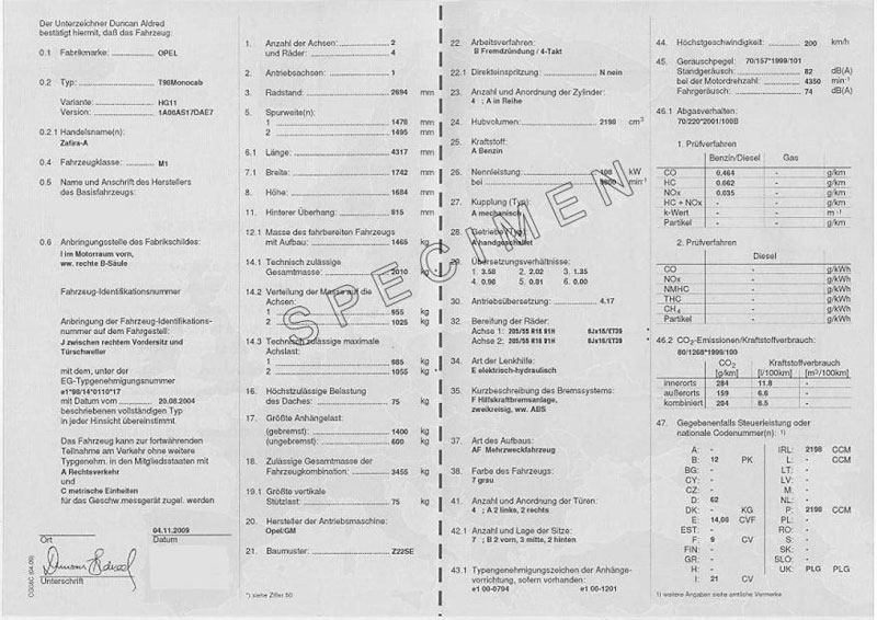 Certificat de conformité Opel France