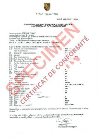 Certificat de conformité Porsche France