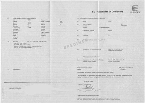 Certificat de conformité Seat France