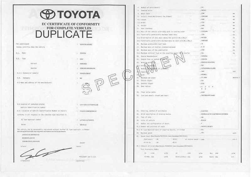 Certificat de conformité Toyota France