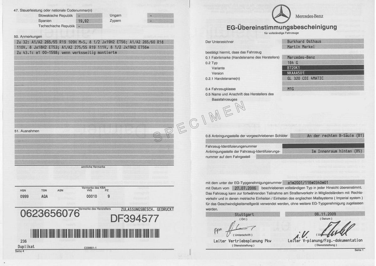 Certificat de conformité Mercedes  