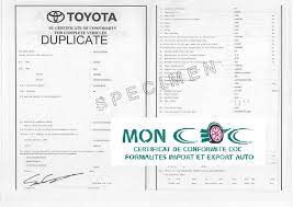 obtenir le certificat de conformité Toyota