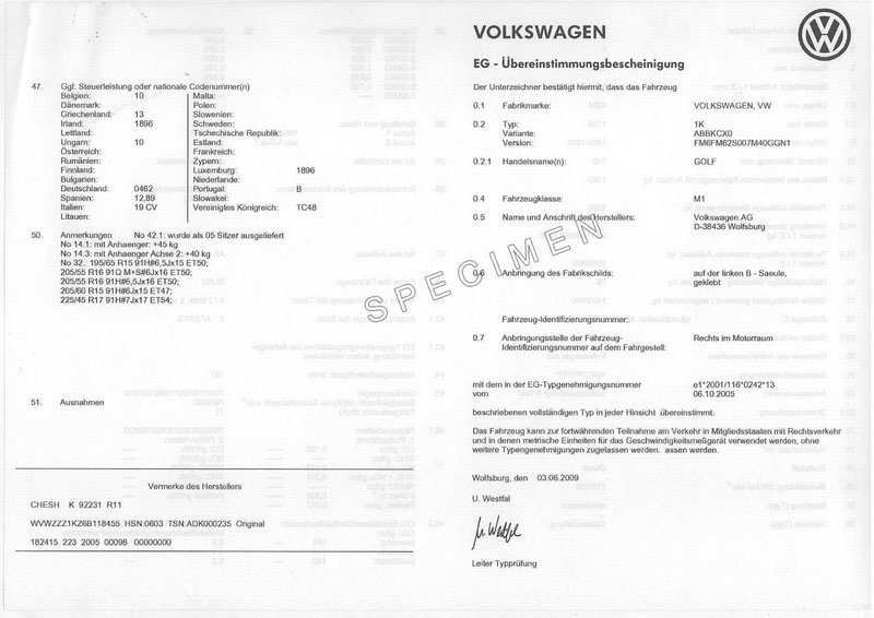 Certificat de conformité Volkswagen France